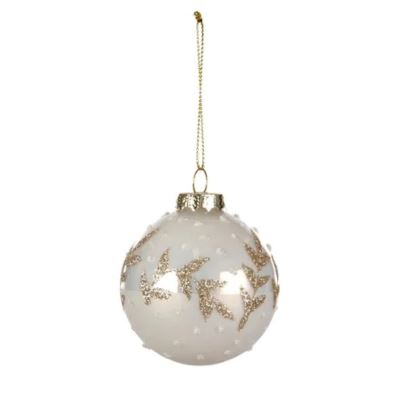 Glass Pearl, White & Gold Glitter Bauble Hanging Christmas Decoration - Leaves XX10307 Christmas Decoration Style and Error 